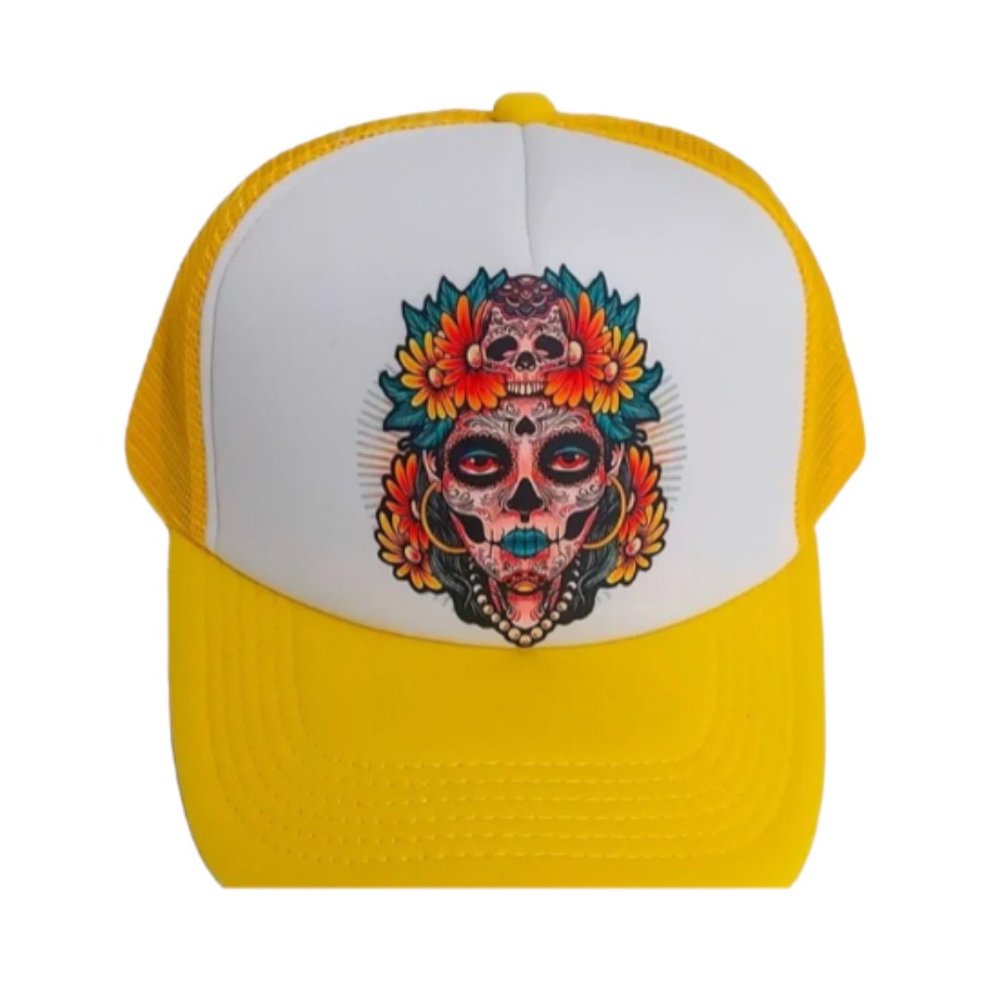 Skull with Flowers Baseball Meshback Trucker Hat Adjustable Yellow